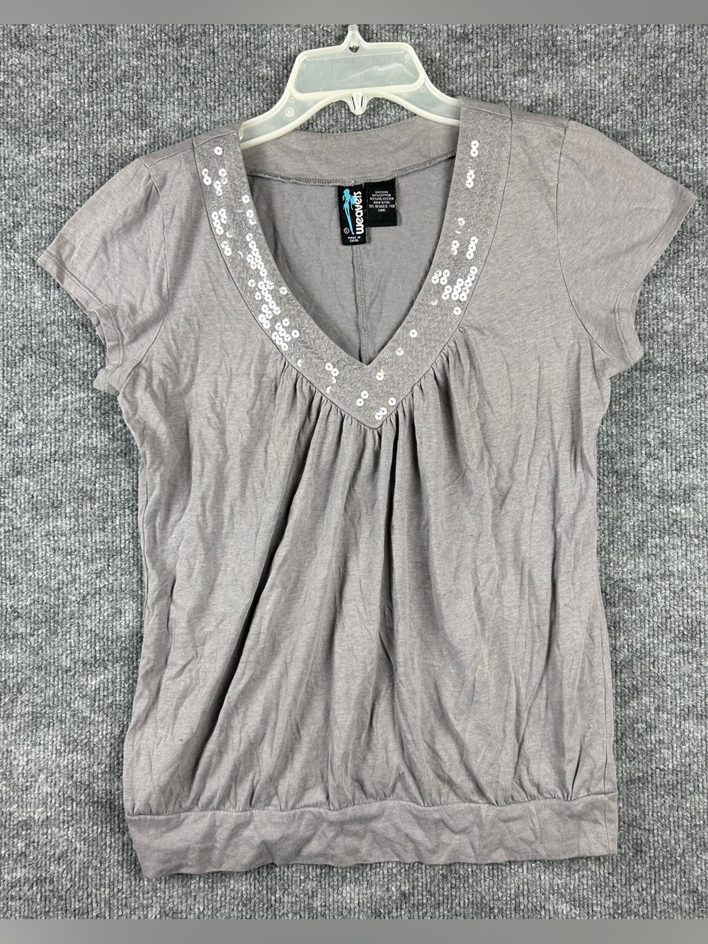 Y2K Weavers Heather Gray Sequin Trim Banded Babydoll Top Women’s Size L